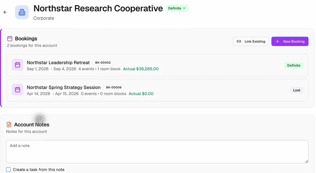 Customer account showing related bookings and account notes.