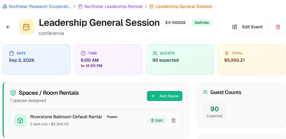Event details with date, time, attendance, meeting space, and room setup.