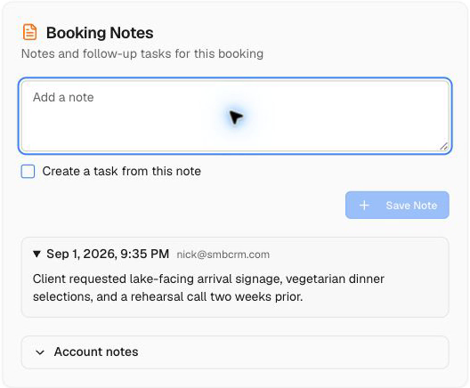 Booking notes with a saved customer request and the option to create a follow-up task.