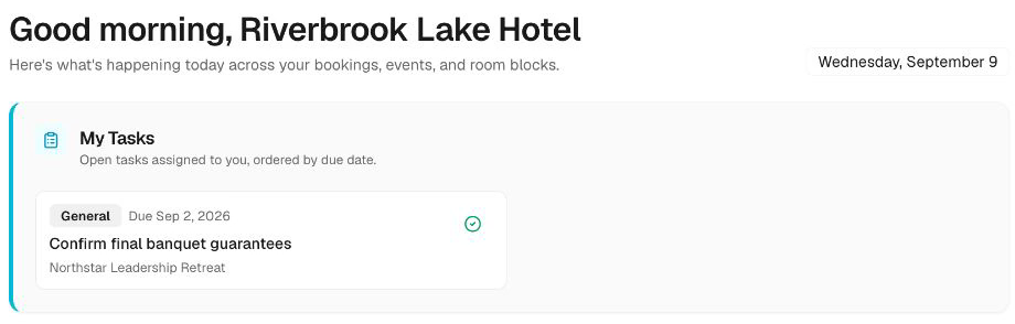 Dashboard task reminding staff to confirm final banquet guarantees.