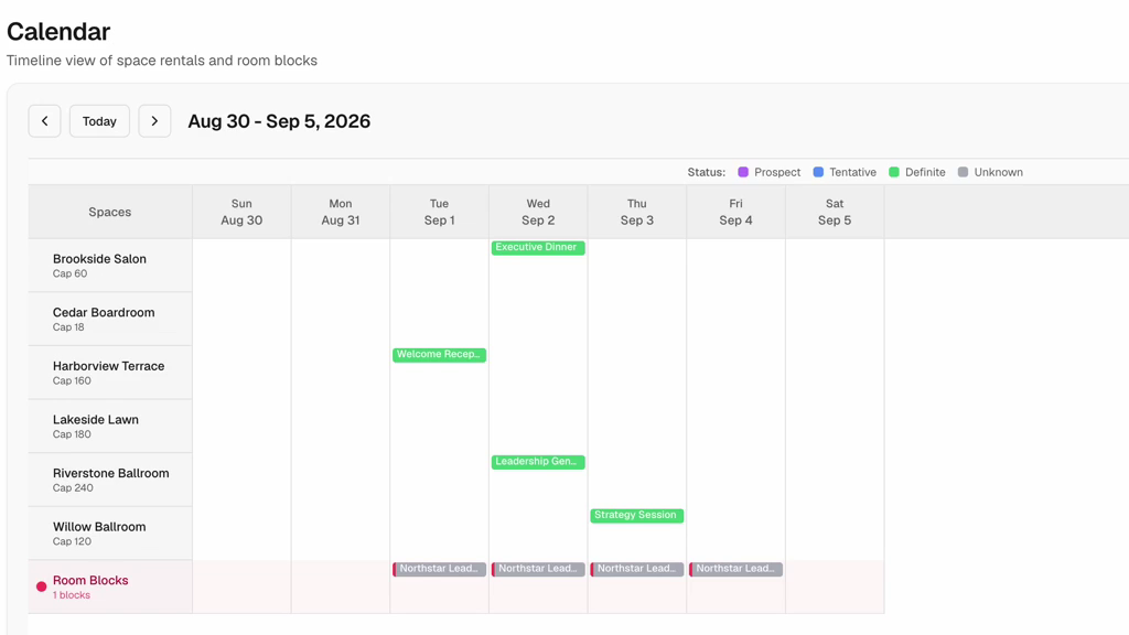 Event calendar showing scheduled functions across hotel meeting spaces.