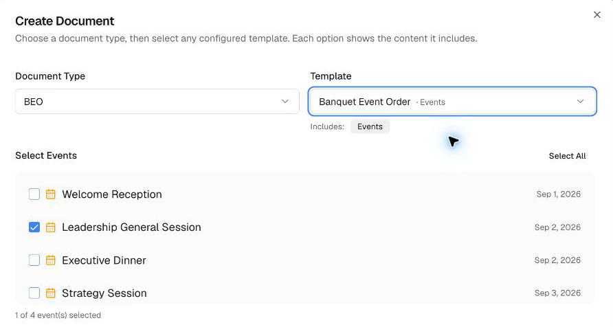 Booking document setup with the Banquet Event Order template and a selected event.