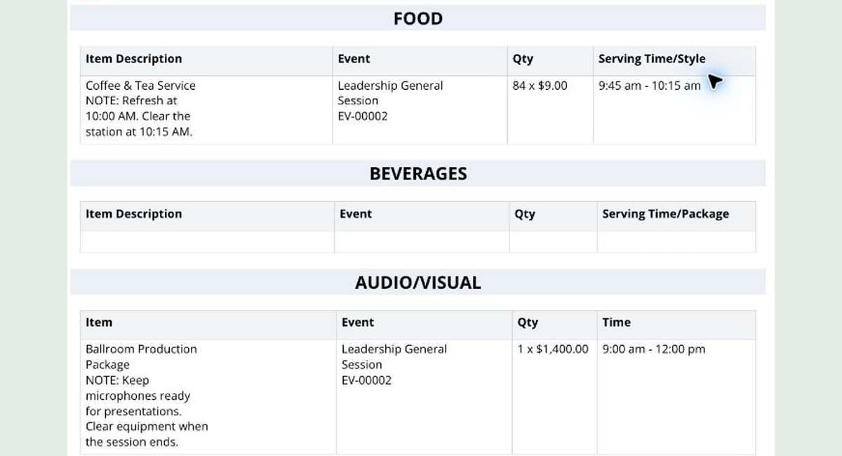 Banquet event order showing coffee and audiovisual instructions, quantities, and serving times.