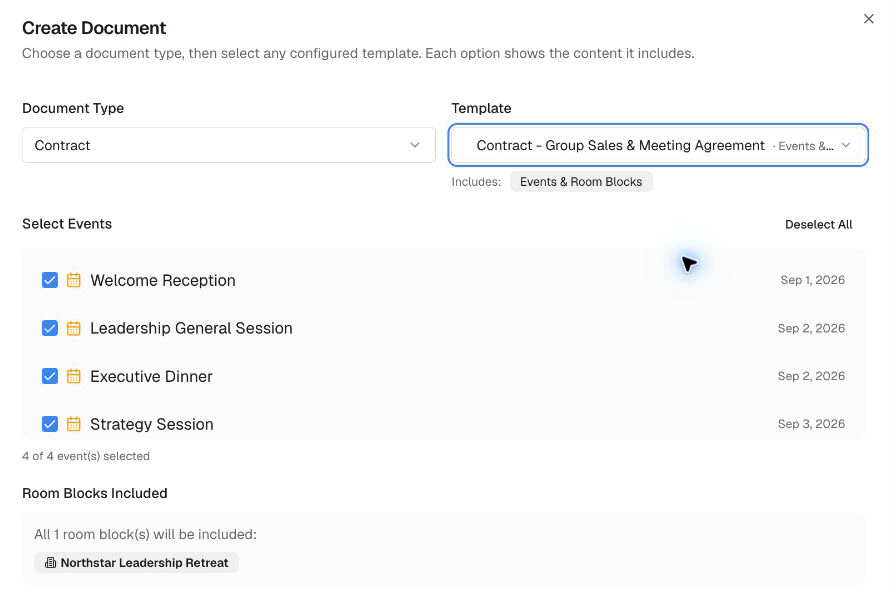 Contract setup using the Group Sales and Meeting Agreement template with four events and a room block.